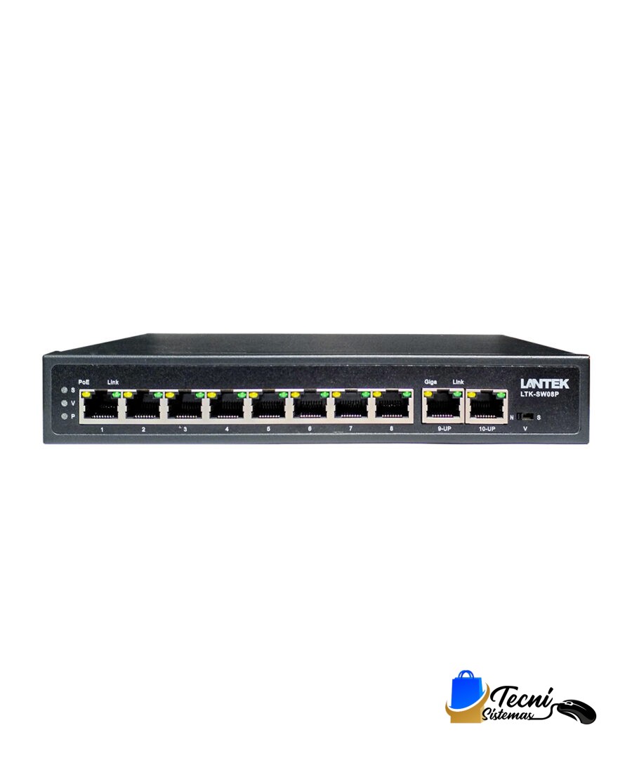 Switch PoE 8 Puertos FE + 2 Puertos GE LANTEK LTK-SW08P – 120W 6kV LR 250 m