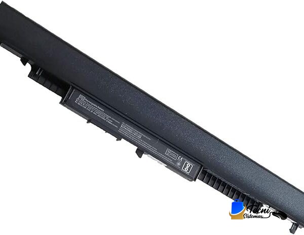 Black rectangular laptop battery with connector pins, shown at an angle across the frame.