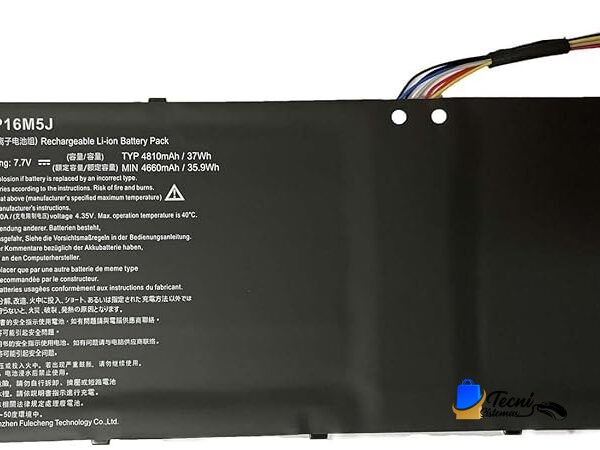 Rechargeable Li‑ion battery pack with a black rectangular case, left‑side white text and model marking, and a multi‑colored wire harness extending from the top right.