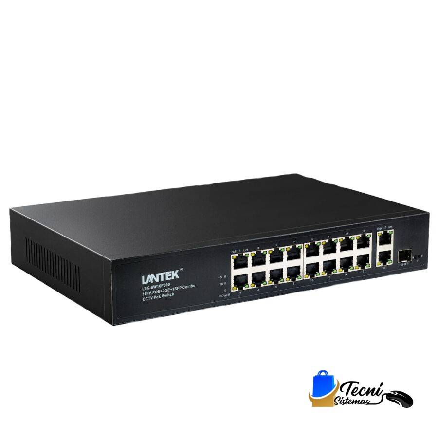 Switch PoE 16 Puertos 10/100Mbps, 2 uplink RJ45 Giga + 1 SFP uplink, puerto 1-2 60W, 3-16 30W, 300 Watts, LANTEK LTK-SW16P300