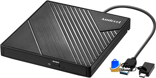 Unidad de DVD Externa USB 3.0 y USB-C Grabadora CD/DVD +/-RW Slim para Laptop y PC Windows