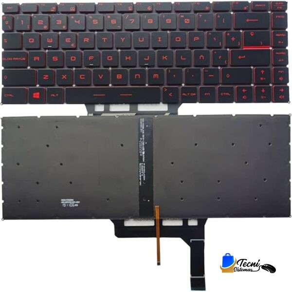 Detachable black laptop keyboard with red backlit keys and an orange flex ribbon cable attached, shown separated from the laptop chassis.