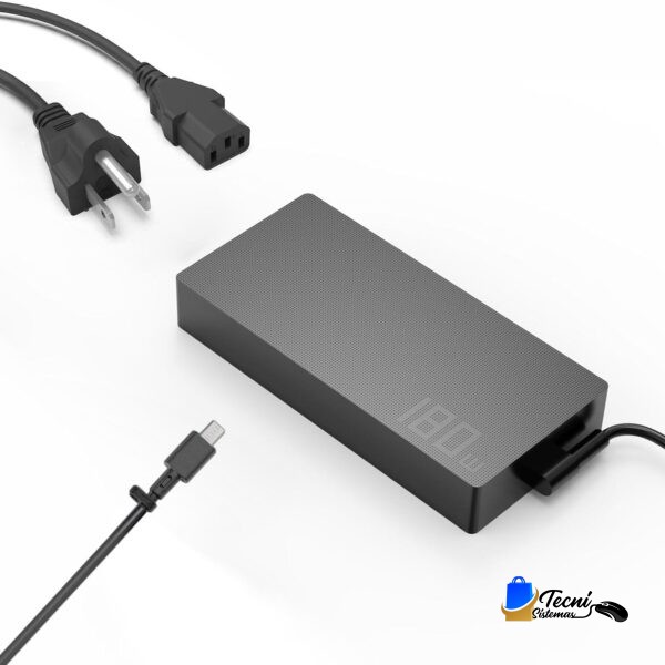 Black rectangular laptop power adapter with textured top, shown with its AC plug and detachable cable ends.