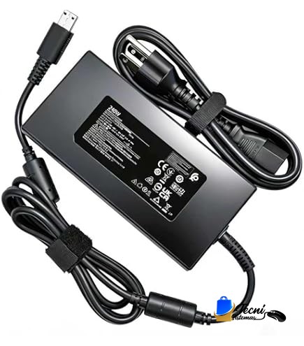 Black laptop charging adapter with attached power cord and plug, showing its label and connectors.