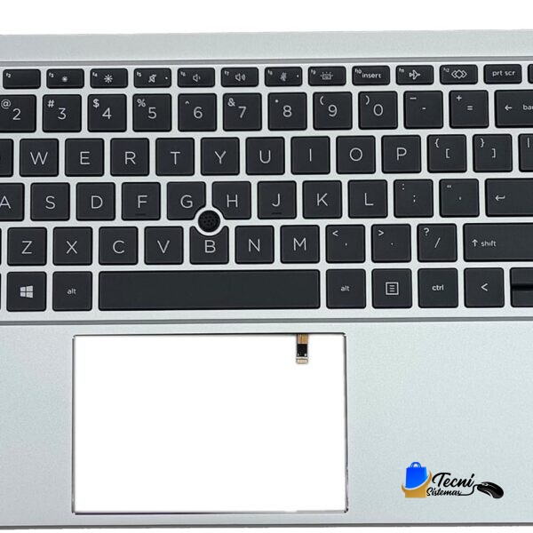 Silver EliteBook laptop keyboard with black keys, centered pointing stick, and touchpad below; Bang & Olufsen branding visible.