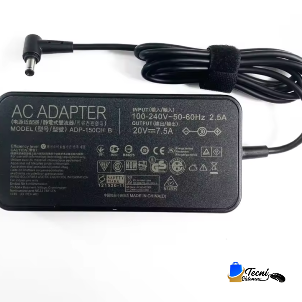 Black AC adapter brick with attached cord and barrel connector; label shows input 100-240V, output 20V 7.5A (150W).