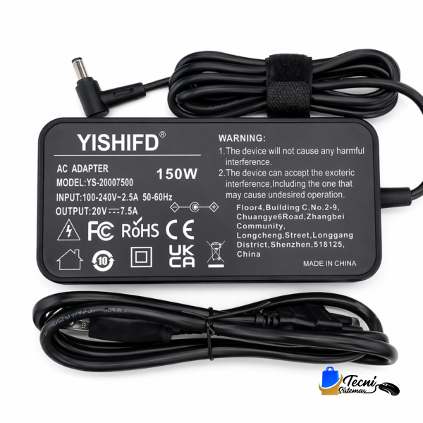 YISHIFD 150W AC adapter with input/output specs and attached power cord and plug
