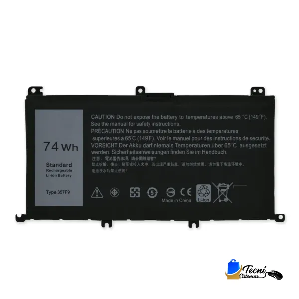 Black rechargeable Li-ion laptop battery with a prominent '74 Wh' label and multilingual safety text and icons along the bottom edge.