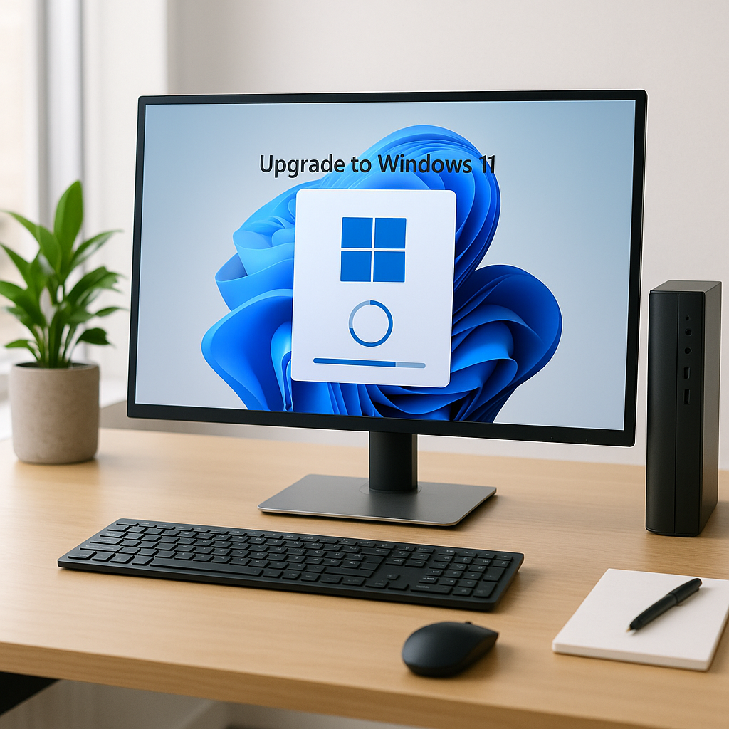 Computadora de escritorio mostrando la pantalla de actualización a Windows 11