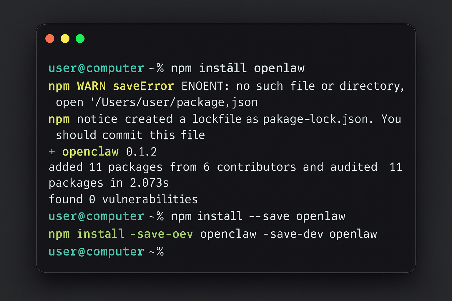 Terminal de macOS mostrando comandos de instalación de OpenClaw