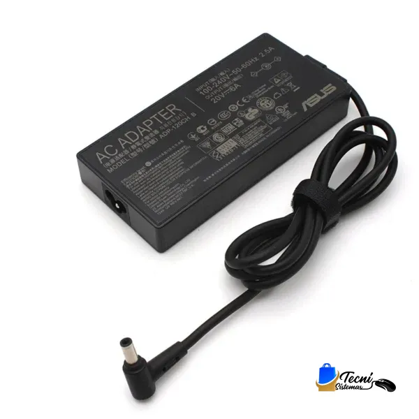 ASUS laptop charger/AC adapter with black power cord and strain relief on the end, shown from side view