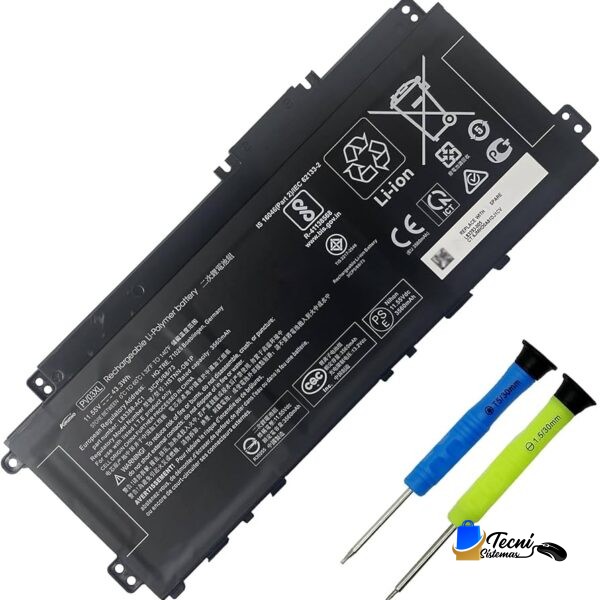 Black laptop battery labeled Li‑ion with safety icons, shown with two color‑coded screwdrivers (blue and yellow/green) for replacement.