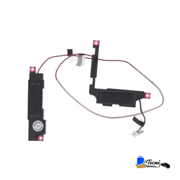 Pair of small black internal speakers with wiring harness, likely from a laptop or compact device, shown with red/black wires and connector plug.