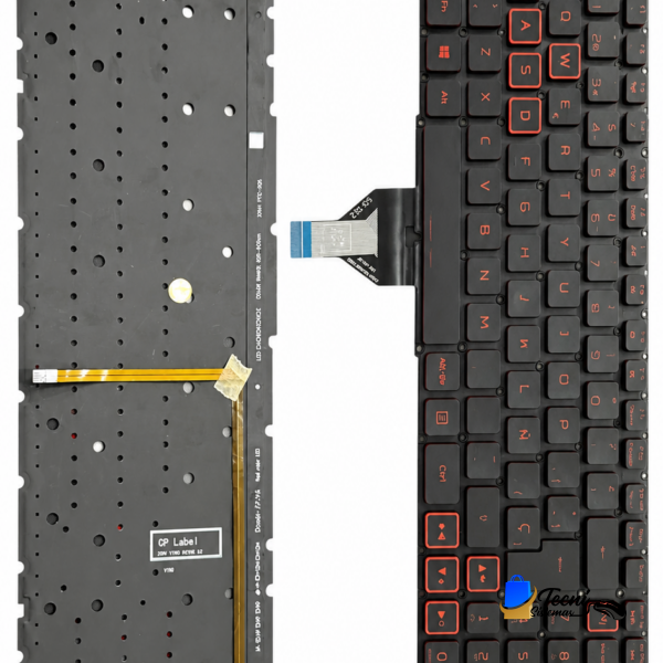 Disassembled laptop keyboard on the right and the metal keyboard backplate on the left, with a flex cable between them.