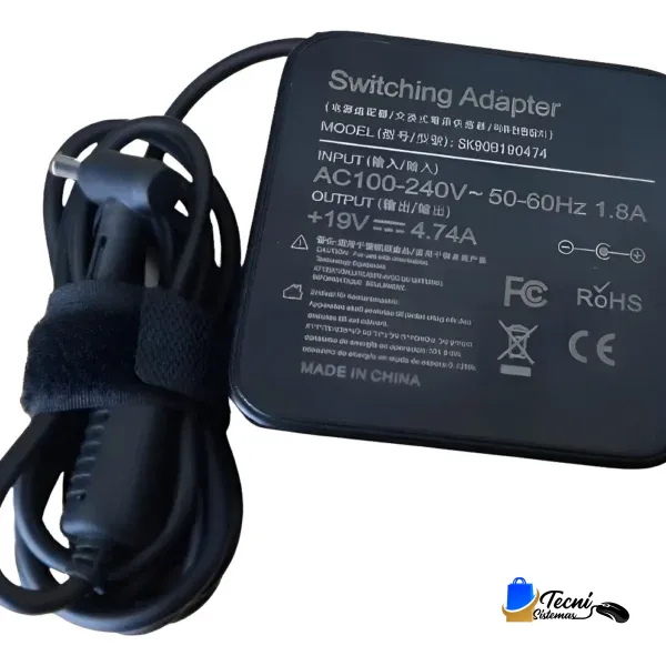Black wall power adapter with bundled cord and label showing input 100–240V and output 19V 4.74A