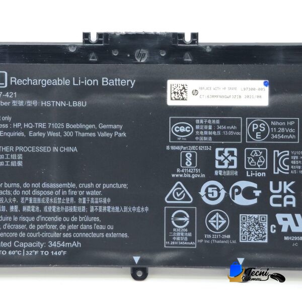 HP HW03XL rechargeable Li-ion battery with HP logo and model text visible on a black label plate.
