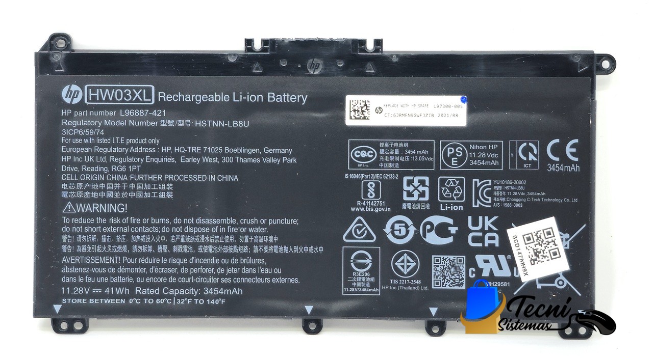 HP HW03XL rechargeable Li-ion battery with HP logo and model text visible on a black label plate.