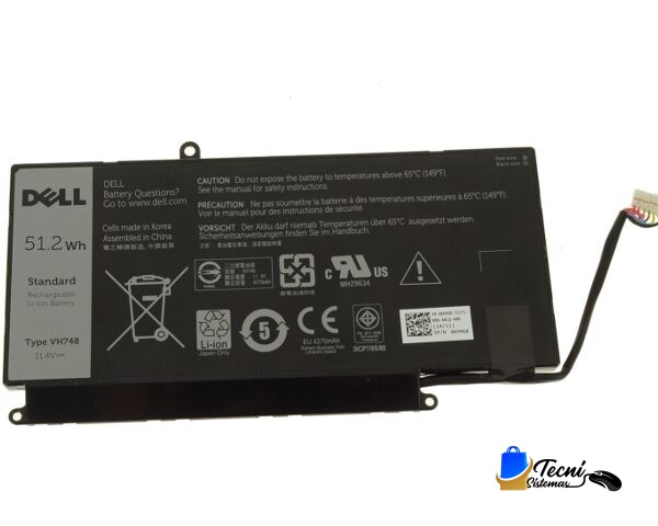 Dell laptop battery module showing Dell branding and 51.2Wh label, with warning icons and a connector on the right.
