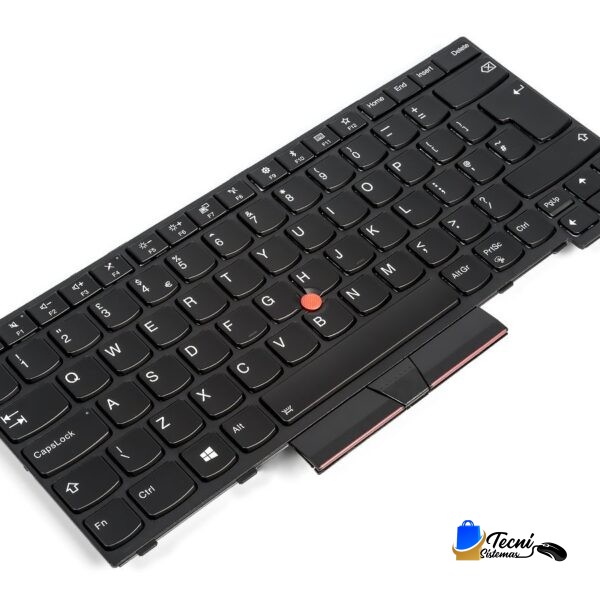 Black laptop keyboard with a red TrackPoint in the center of the keys.