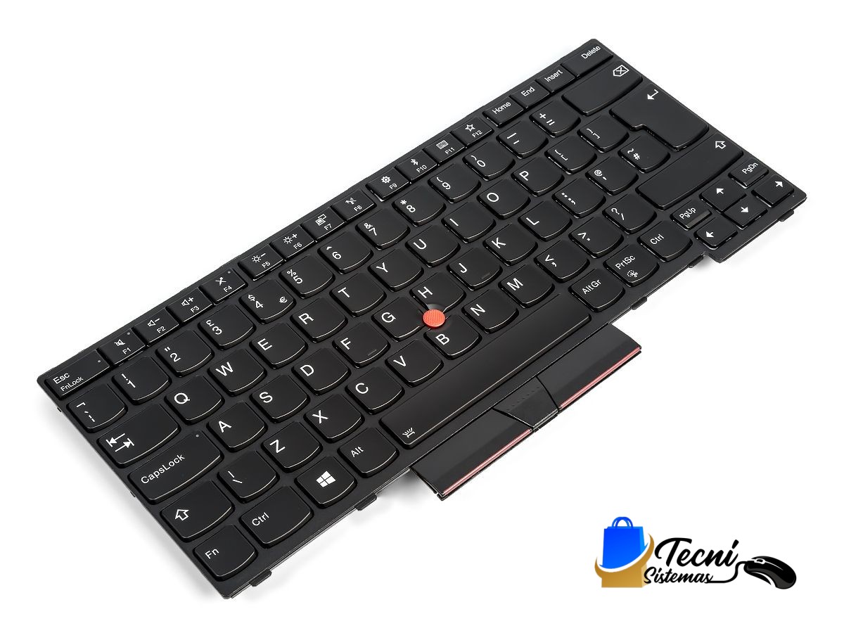 Black laptop keyboard with a red TrackPoint in the center of the keys.