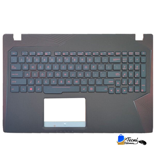 Top-down view of a dark laptop keyboard and touchpad, with pinkish-red key legends.
