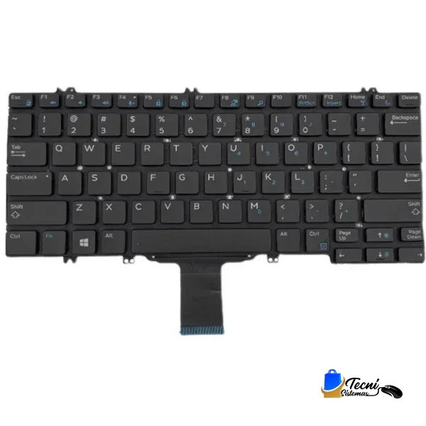 Replacement black laptop keyboard with a docked ribbon cable for connector, showing full QWERTY layout and blue function symbols