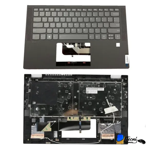 Disassembled laptop shown in two halves: the keyboard deck above and the internal chassis below, exposing ribbons and components.