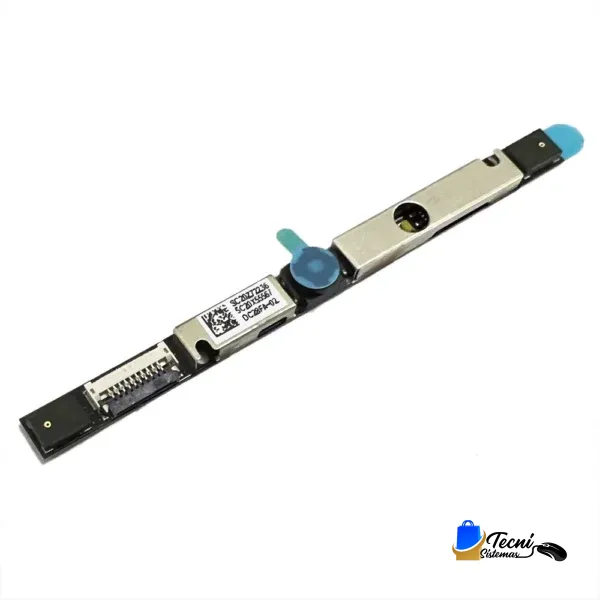 Slim laptop webcam module with metal shielding, blue protective caps, and a connector at one end; includes a small circular camera housing and sensor slot.