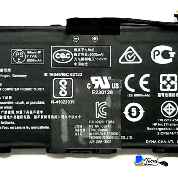 HP rechargeable Li-ion battery label with multiple safety and certification marks and warning text across a black surface.
