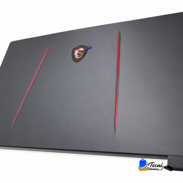 Dark gray gaming laptop closed on a stand, angled with red accent lines and MSI shield logo.