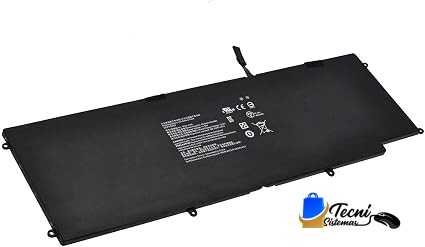 Black rectangular laptop battery with a white label and small connector protruding from the top edge (angled view).