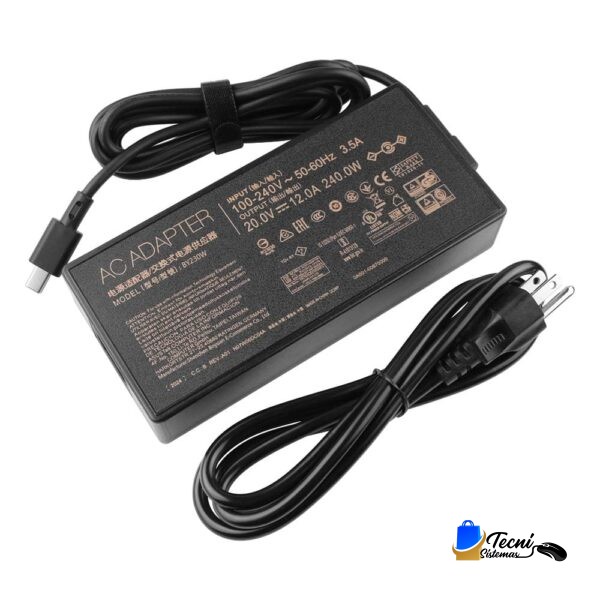 Black rectangular AC adapter with attached power cord and separate plug cable; used to power laptops or devices.