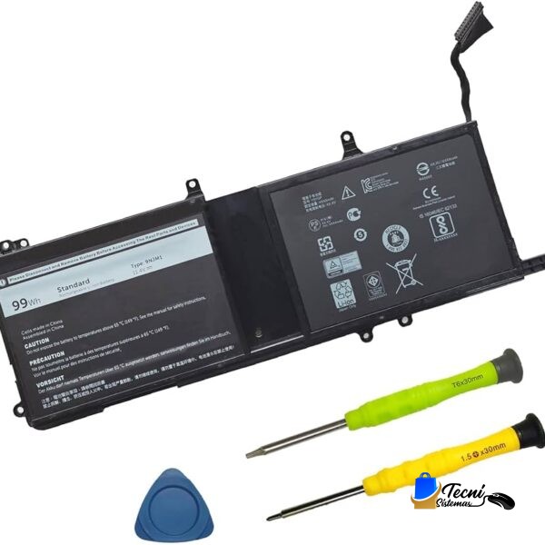 Laptop battery replacement kit with two precision screwdrivers and a blue prying tool alongside a large black rechargeable battery pack.
