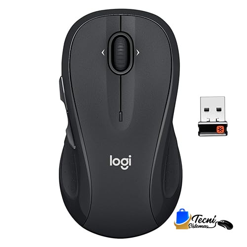 Logi wireless mouse with USB receiver, black ergonomic design and scroll wheel visible next to dongle.