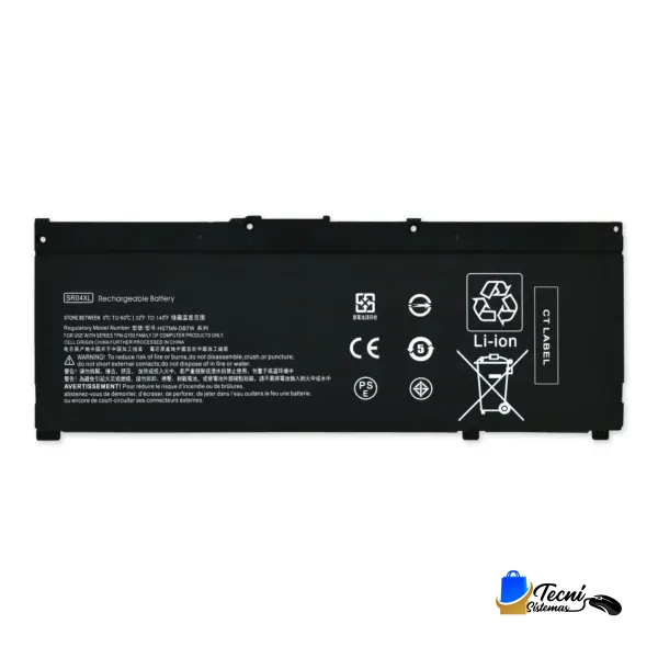 Black lithium‑ion rechargeable battery with safety warnings and icons; Tecni Sistemas logo at bottom right.