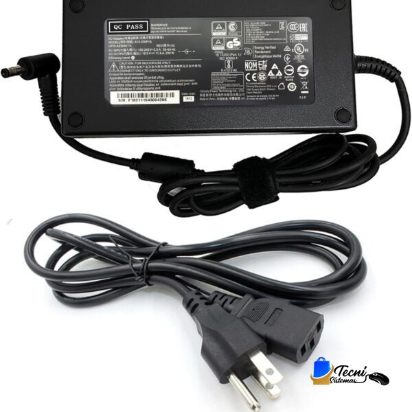 Black AC power adapter with attached cord and a detachable two‑prong plug, label visible on the brick edge.