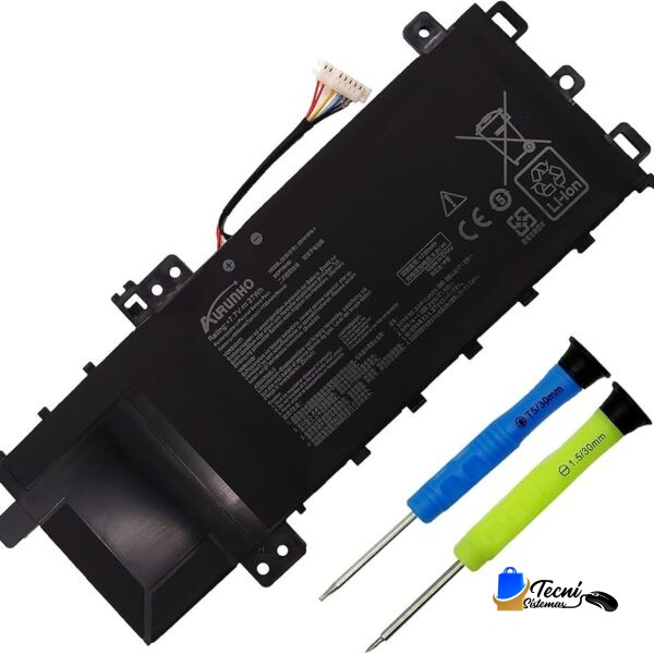 Laptop battery replacement pack with two colored precision screwdrivers beside it (blue and green).