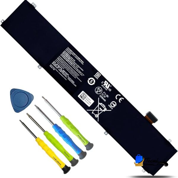 Replacement laptop battery kit with a long dark battery pack, blue plastic pry tool, and five colorful precision screwdrivers (yellow, green, blue, light blue, gray).