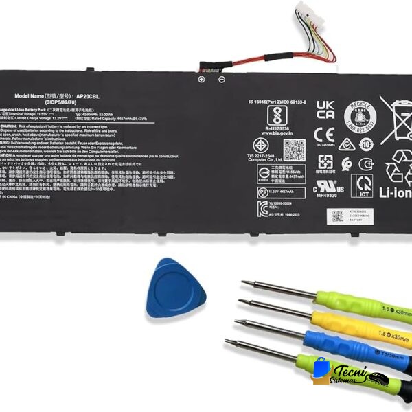 Laptop battery pack with blue pry tool and four color-coded screwdrivers for replacement kit.