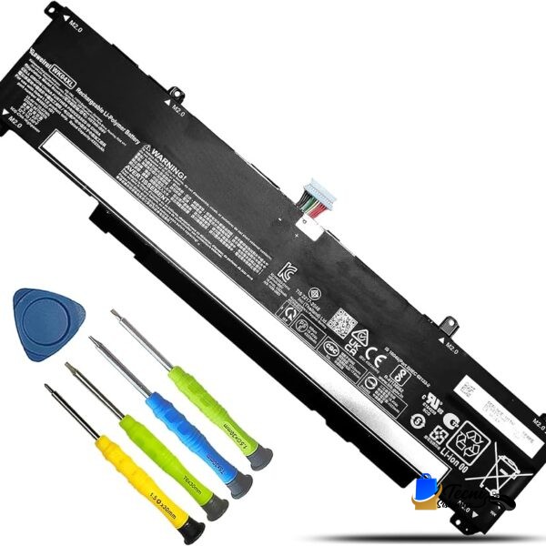 Laptop battery with a set of precision screwdrivers and a blue plastic prying tool for replacement accessories on a white background.