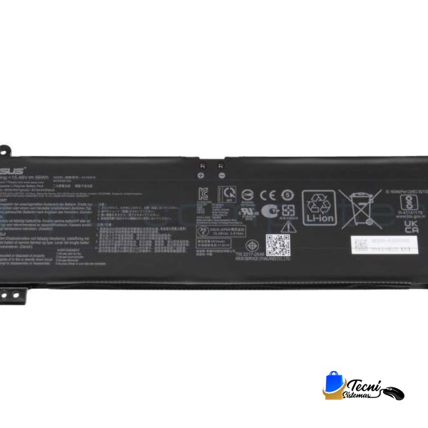 ASUS laptop battery (Li-ion) with protective labels and connectors, used as a replacement part behind a white background
