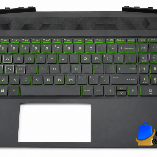 Top-down view of a black laptop with a green-backlit keyboard and large touchpad.