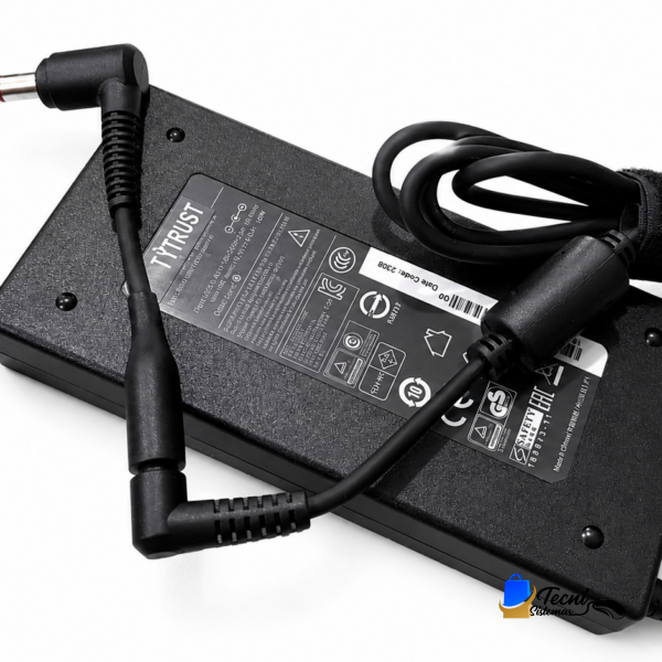 Black laptop power adapter with attached cables on a white background, ready for use in charging a notebook.