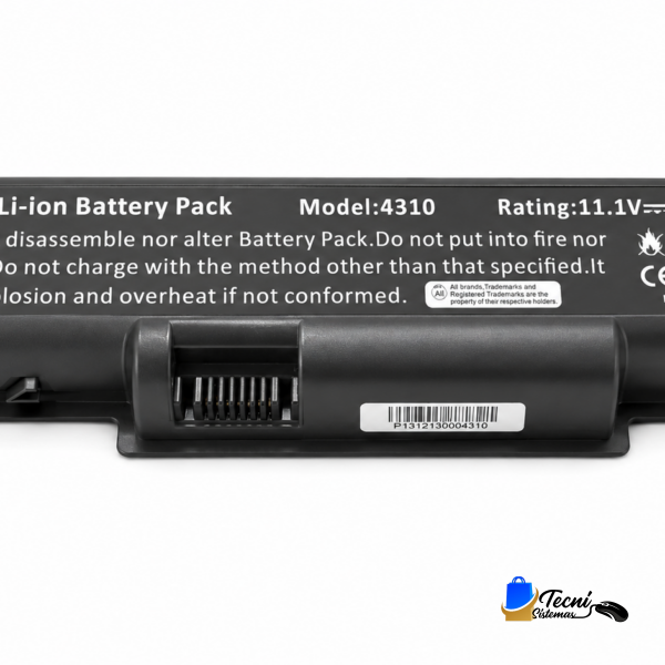 Rechargeable Li-ion battery pack, model 4310, rating 11.1V 5200mAh/58Wh, with warning text and recycling icons on the label.
