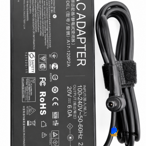 Black rectangular laptop power adapter with cord and Velcro strap; label shows 100-240V input and 20V output, 6A capacity (6.0A).