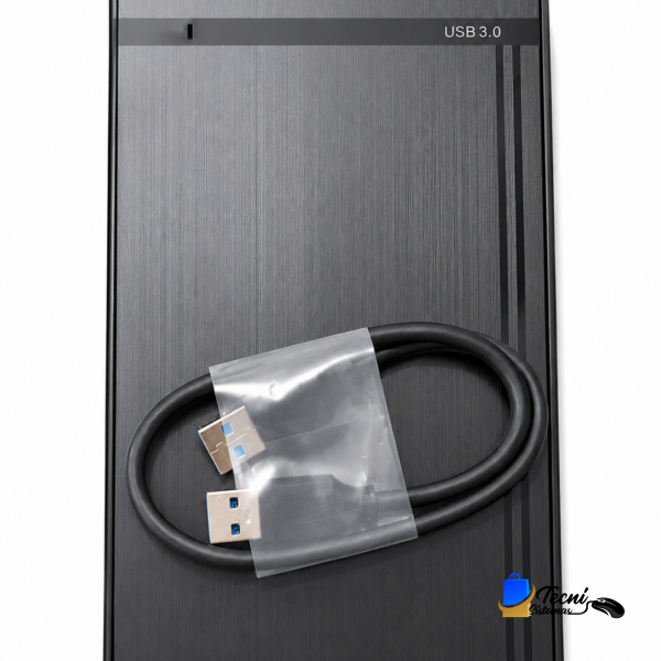 Black brushed-metal external hard drive with a USB 3.0 cable laid across it.