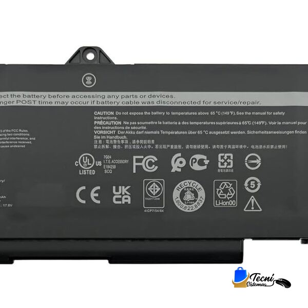 Black rectangular laptop battery labeled 64Wh with safety warnings and multiple certification icons (recycle, CE, FCC) visible on the label.