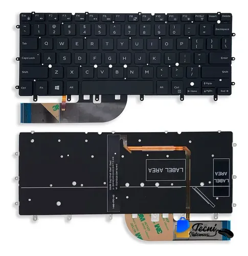 Top and bottom view of a black laptop keyboard assembly with ribbon cables, connectors, and mounting clips visible.