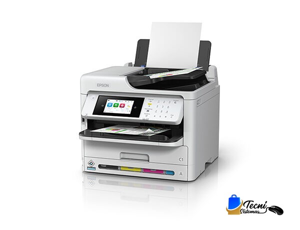 Epson white all‑in‑one printer printing a document, with control panel and paper output tray.