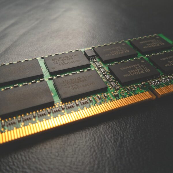 Close-up of a green RAM memory module with gold-plated edge connectors and black memory chips on a dark surface, labeled Elpida.
